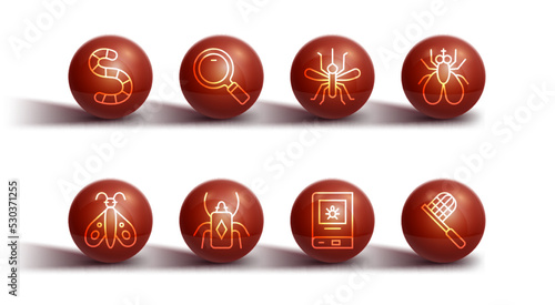 Set line Worm, Butterfly, Insect, Book about insect, Beetle bug, Magnifying glass, net and Mosquito icon. Vector