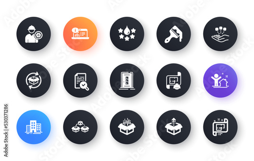 Minimal set of Door, Open box and Send box flat icons for web development. Return parcel, Engineer, Inspect icons. Brush, Buildings, Online documentation web elements. Consolidation. Vector