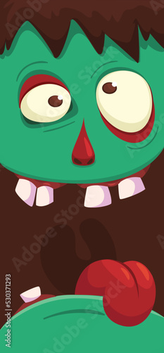 Cartoon funny green zombie character design with scary face expression. Halloween vector illustration isolated on white. Party poster, package design