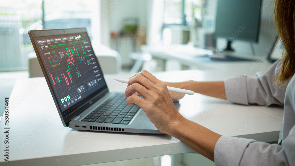 A young woman sits and looks at stock charts or cryptocurrencies through the screen of a notebook computer. A young woman sits and looks at stock charts or cryptocurrencies through the screen of a notebook computer.