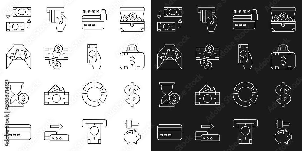 Set line Piggy bank and hammer, Dollar symbol, Briefcase money, Credit card with lock, Stacks paper cash, Envelope dollar, Money exchange and Fast payments icon. Vector Set line Piggy bank and hammer, Dollar symbol, Briefcase money, Credit card with lock, Stacks paper cash, Envelope dollar, Money exchange and Fast payments icon. Vector