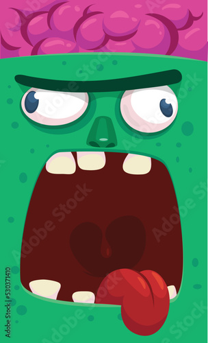 Cartoon funny green zombie character design with scary face expression. Halloween vector illustration isolated on white. Party poster, package design