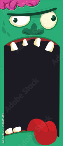 Cartoon funny green zombie character design with scary face expression. Halloween vector illustration isolated on white. Party poster, package design