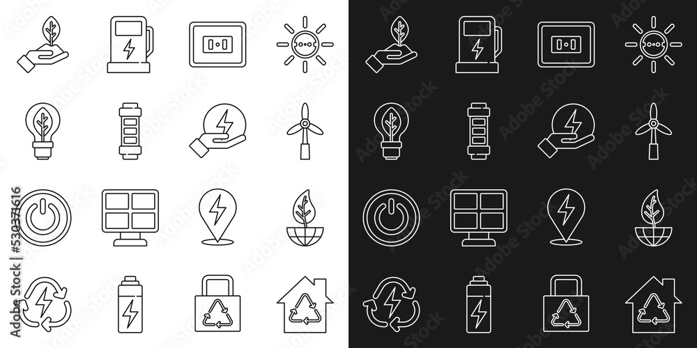 Set line Eco House with recycling, Earth globe and leaf, Wind turbine, Electrical outlet, Battery, Light bulb, Plant hand and Lightning bolt icon. Vector