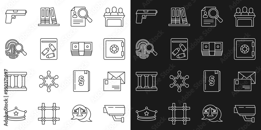 Set line Security camera, Envelope, Safe, Paper analysis magnifying, Evidence bag and bullet, Fingerprint, Pistol or gun and Bribe money cash icon. Vector Set line Security camera, Envelope, Safe, Paper analysis magnifying, Evidence bag and bullet, Fingerprint, Pistol or gun and Bribe money cash icon. Vector