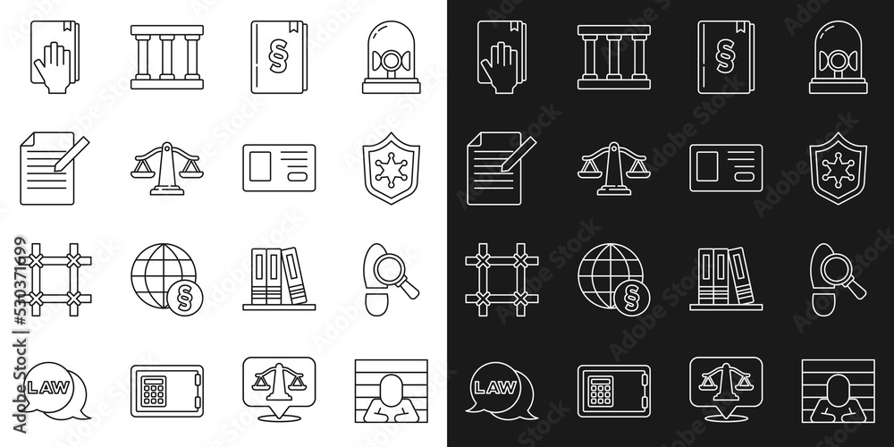 Set line Prisoner, Footsteps, Police badge, Law book, Scales of justice, Document and pen, Oath the Holy Bible and Identification icon. Vector