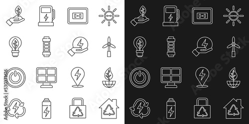 Set line Eco House with recycling, Earth globe and leaf, Wind turbine, Electrical outlet, Battery, Light bulb, Plant hand and Lightning bolt icon. Vector
