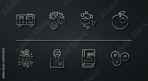 Set line Spectrometer, Bacteria, Genetically modified apple, engineering book, Laboratory assistant, Virus, Cell division and food icon. Vector