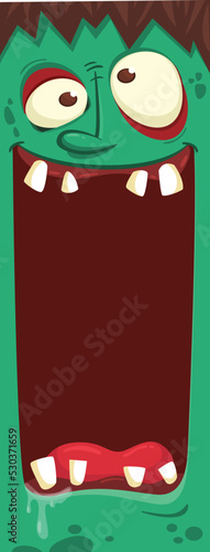 Cartoon funny green zombie character design with scary face expression. Halloween vector illustration isolated on white. Party poster, package design