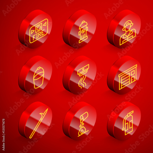 Set line Fire alarm system, hydrant, Firefighter, bucket, Smoke, Building of fire station, Metal pike pole and Bucket extinguishing icon. Vector