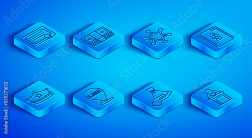 Set line Certificate template, Bribe money cash, Hexagram sheriff, Location law, bag, Law book, Police cap with cockade and Judge icon. Vector