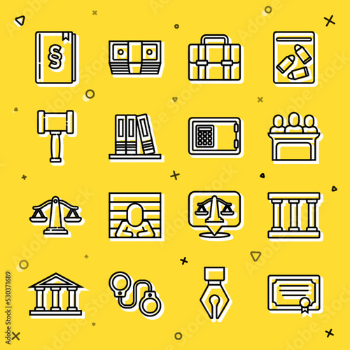 Set line Certificate template, Prison window, Jurors, Briefcase, Office folders, Judge gavel, Law book and Safe icon. Vector