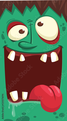 Cartoon funny green zombie character design with scary face expression. Halloween vector illustration isolated on white. Party poster, package design