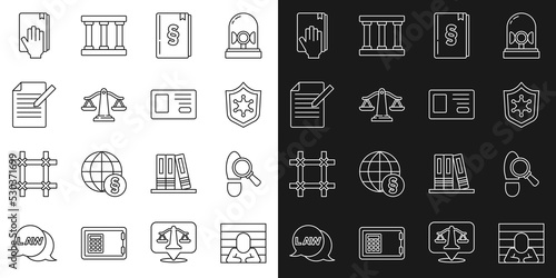 Set line Prisoner, Footsteps, Police badge, Law book, Scales of justice, Document and pen, Oath the Holy Bible and Identification icon. Vector