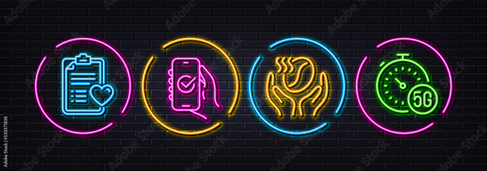 Patient history, Coffee and Approved app minimal line icons. Neon laser 3d lights. 5g internet icons. For web, application, printing. Medical survey, Roasted bean, Confirm smartphone. Vector - obrazy, fototapety, plakaty 