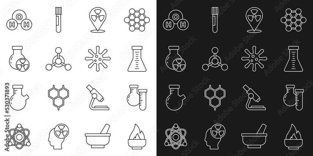 Set line Alcohol or spirit burner, Test tube and flask, Radioactive in location, Molecule, radiation, Chemical formula for H2O and Bacteria icon. Vector