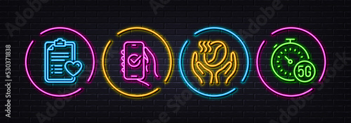 Patient history, Coffee and Approved app minimal line icons. Neon laser 3d lights. 5g internet icons. For web, application, printing. Medical survey, Roasted bean, Confirm smartphone. Vector