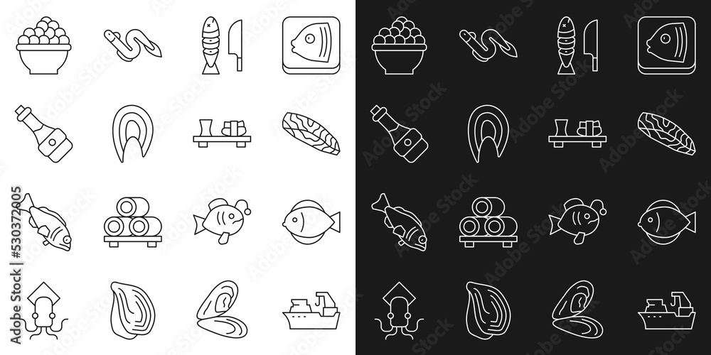 Set line Fishing boat, steak, with sliced pieces, Soy sauce bottle, Caviar and Sushi on cutting board icon. Vector Set line Fishing boat, steak, with sliced pieces, Soy sauce bottle, Caviar and Sushi on cutting board icon. Vector