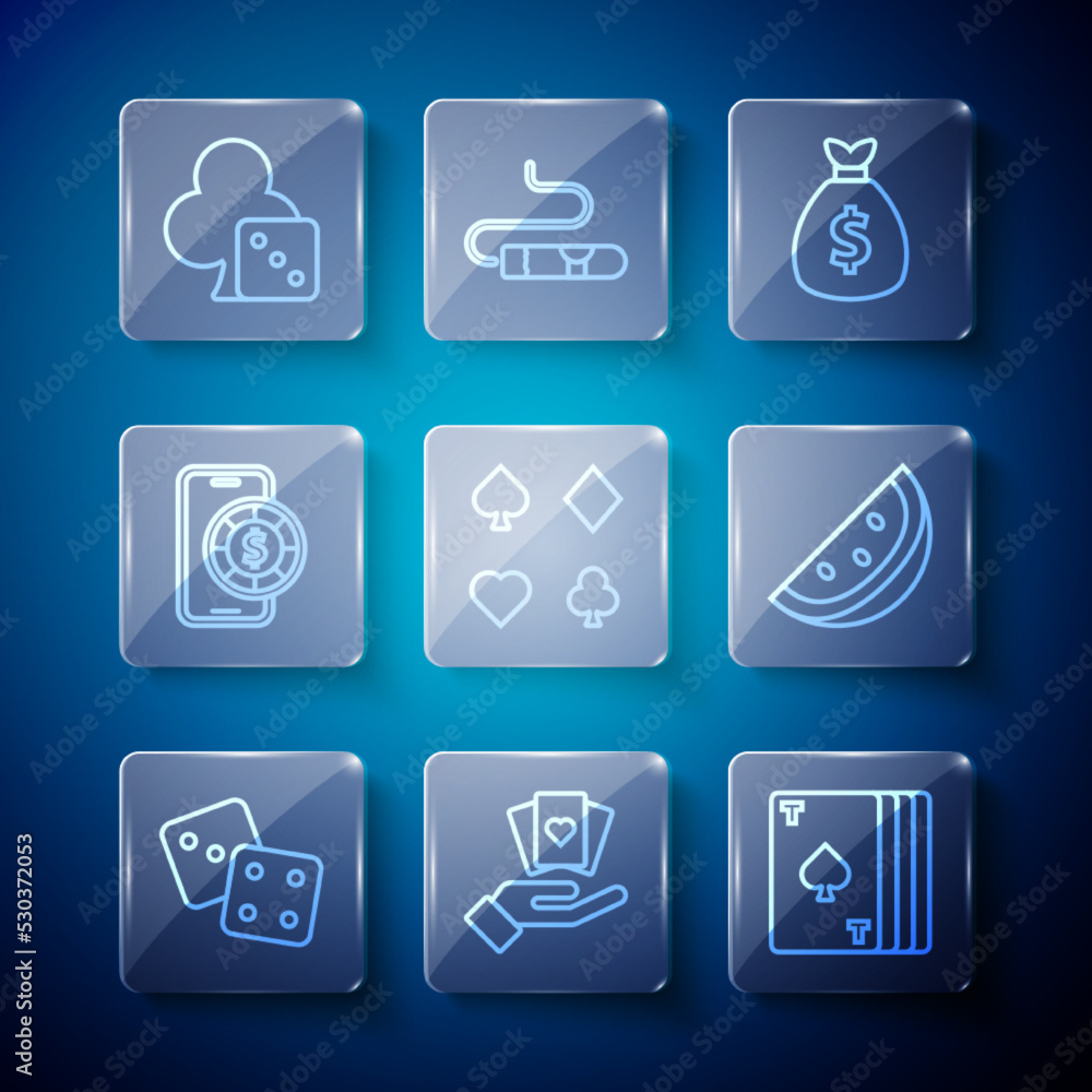 Set line Game dice, Hand holding playing cards, Deck of, Money bag, Online poker table game, and Casino slot machine with watermelon icon. Vector Set line Game dice, Hand holding playing cards, Deck of, Money bag, Online poker table game, and Casino slot machine with watermelon icon. Vector