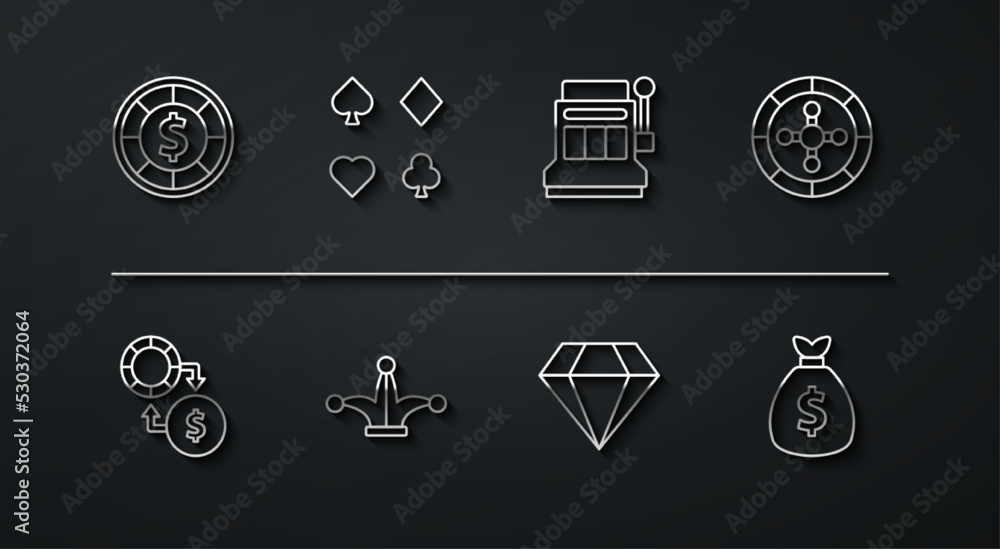Set line Casino chips, exchange on money, roulette wheel, Diamond, Joker playing card, Deck of cards, Money bag and Slot machine icon. Vector Set line Casino chips, exchange on money, roulette wheel, Diamond, Joker playing card, Deck of cards, Money bag and Slot machine icon. Vector