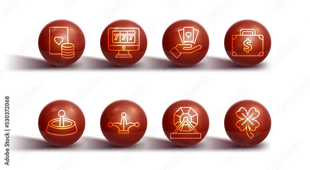 Set line Casino chip and playing cards, roulette wheel, Briefcase money, Lottery machine, Joker, Online slot with jackpot, clover and Hand holding icon. Vector Set line Casino chip and playing cards, roulette wheel, Briefcase money, Lottery machine, Joker, Online slot with jackpot, clover and Hand holding icon. Vector