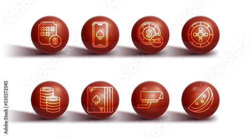 Set line Lottery ball on bingo card, Casino chips, roulette wheel, Security camera, Deck of playing cards, Online poker table game, slot machine with watermelon and icon. Vector
