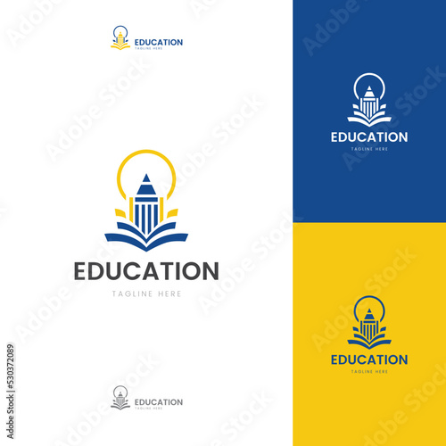 Education Abstract Elegant combination Building, Pencil, Books lamp and Sun Template Logo this good for school course brand identity with blue and yellow colors