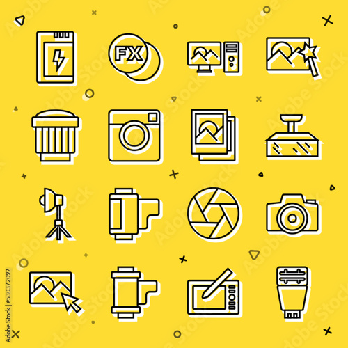 Set line Photo camera flash, Softbox light, retouching, Camera photo lens, Battery for and frame icon. Vector