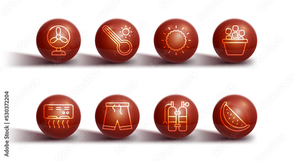 Set line Electric fan, Air conditioner, Ice bucket, Aqualung, Swimming trunks, Meteorology thermometer, Watermelon and Sun icon. Vector Set line Electric fan, Air conditioner, Ice bucket, Aqualung, Swimming trunks, Meteorology thermometer, Watermelon and Sun icon. Vector