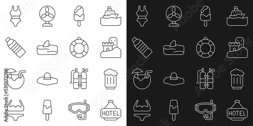 Set line Signboard with text Hotel, Wooden beer mug, Sand castle, Ice cream, Shark fin in ocean wave, Bottle of water, Swimsuit and Lifebuoy icon. Vector