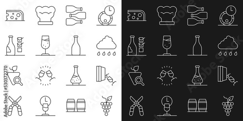 Set line Bunch of grapes, Wine tasting, degustation, Cloud with rain, Bottles wine, glass, Cheese and icon. Vector