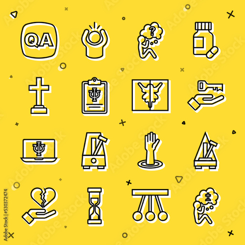 Set line Man graves funeral sorrow, Metronome with pendulum, Solution to the problem, Head question mark, Psychology, Psi, Graves, Question and Answer and Rorschach test icon. Vector