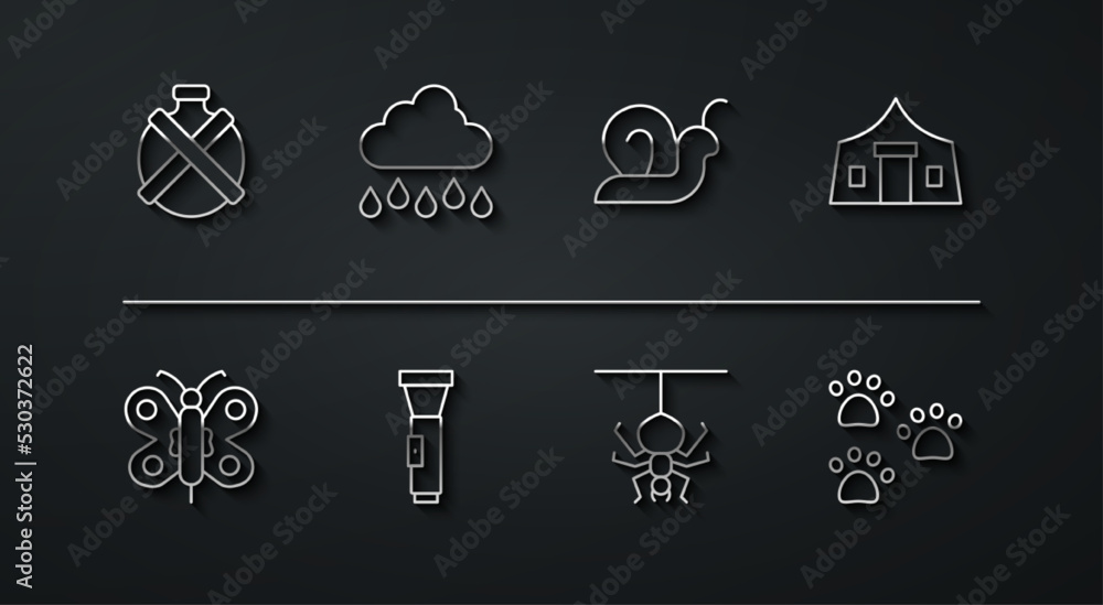 Fototapeta premium Set line Canteen water bottle, Butterfly, Tourist tent, Spider, Flashlight, Cloud with rain, Paw print and Snail icon. Vector