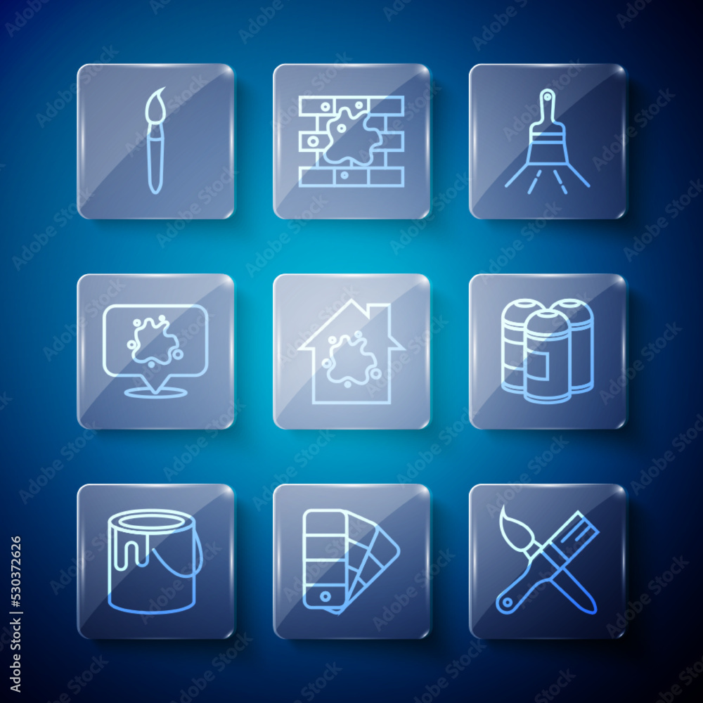 Set line Paint bucket, Color palette guide, brush, Painting the house, spray, and can icon. Vector Set line Paint bucket, Color palette guide, brush, Painting the house, spray, and can icon. Vector