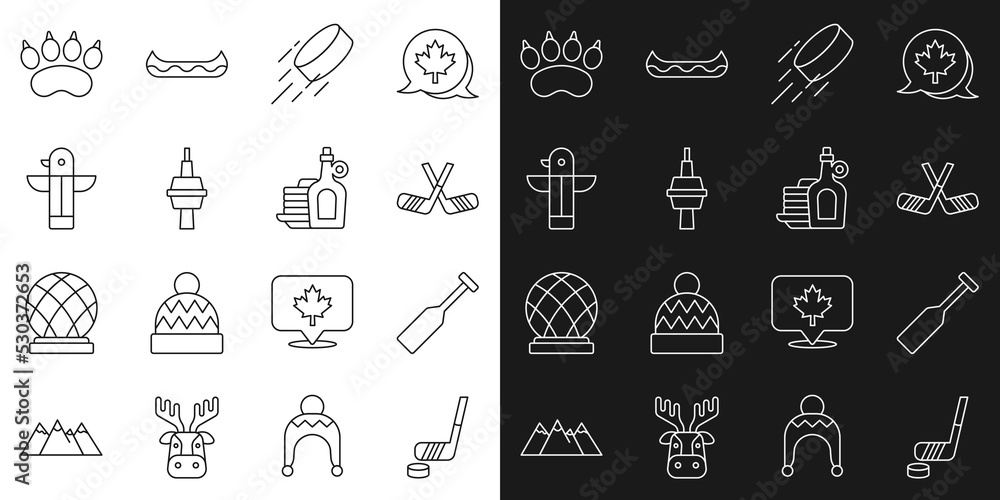 Set line Ice hockey stick and puck, Paddle, sticks, Hockey, TV CN Tower in Toronto, Canadian totem pole, Bear paw footprint and Syrup with pancakes icon. Vector Set line Ice hockey stick and puck, Paddle, sticks, Hockey, TV CN Tower in Toronto, Canadian totem pole, Bear paw footprint and Syrup with pancakes icon. Vector