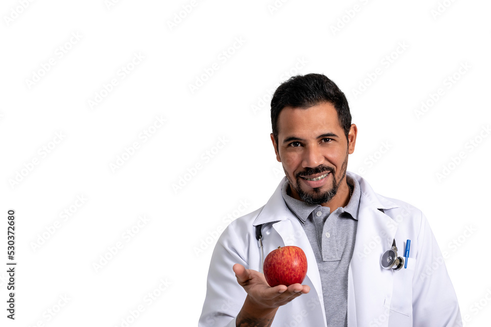nutritionist, man holds apple, smiling at the camera. healthy eating, correct nutrition concept nutritionist, man holds apple, smiling at the camera. healthy eating, correct nutrition concept