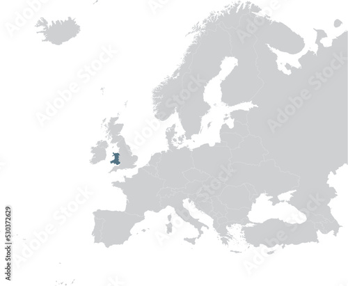 Blue Map of Wales within gray map of European continent