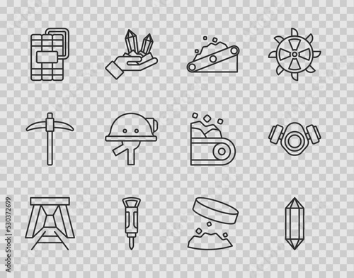 Set line Mine entrance, Gem stone, Conveyor belt carrying coal, Construction jackhammer, Dynamite, Miner helmet, Giant magnet holding iron dust and Gas mask icon. Vector