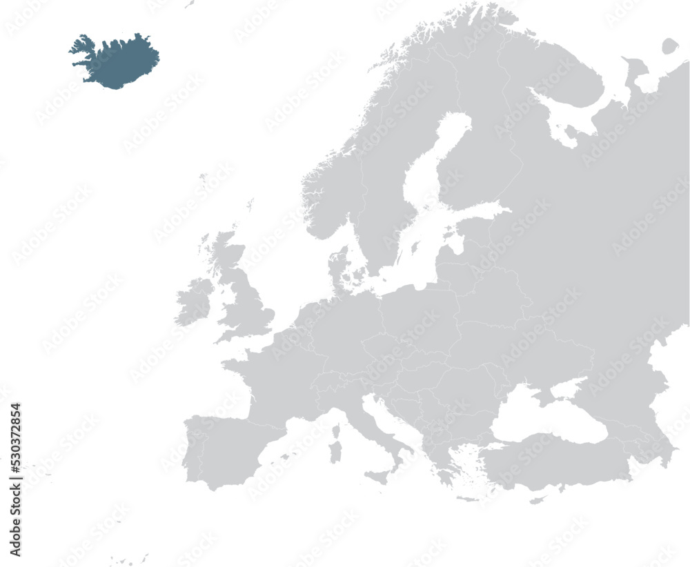 Fototapeta premium Blue Map of Iceland within gray map of European continent