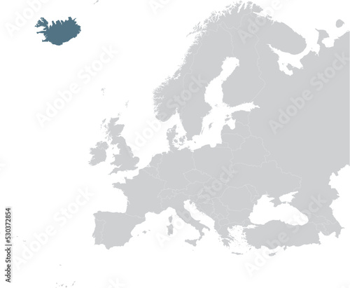 Blue Map of Iceland within gray map of European continent
