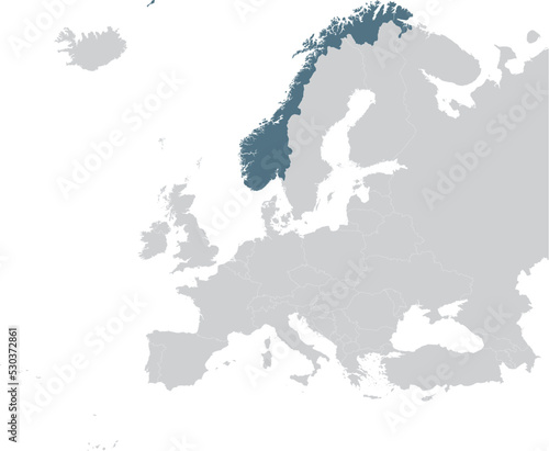 Blue Map of Norway within gray map of European continent