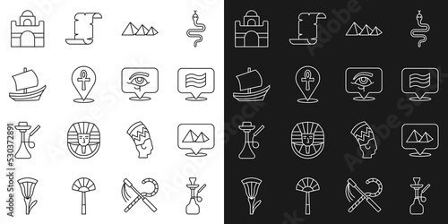 Set line Hookah, Egypt pyramids, Flag Of, Cross ankh, Egyptian ship, house and Eye of Horus icon. Vector