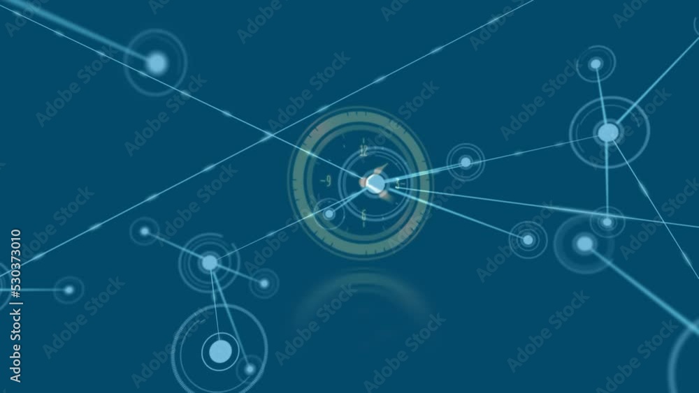 Animation of dots interconnecting with lines over digital clock against blue background Animation of dots interconnecting with lines over digital clock against blue background