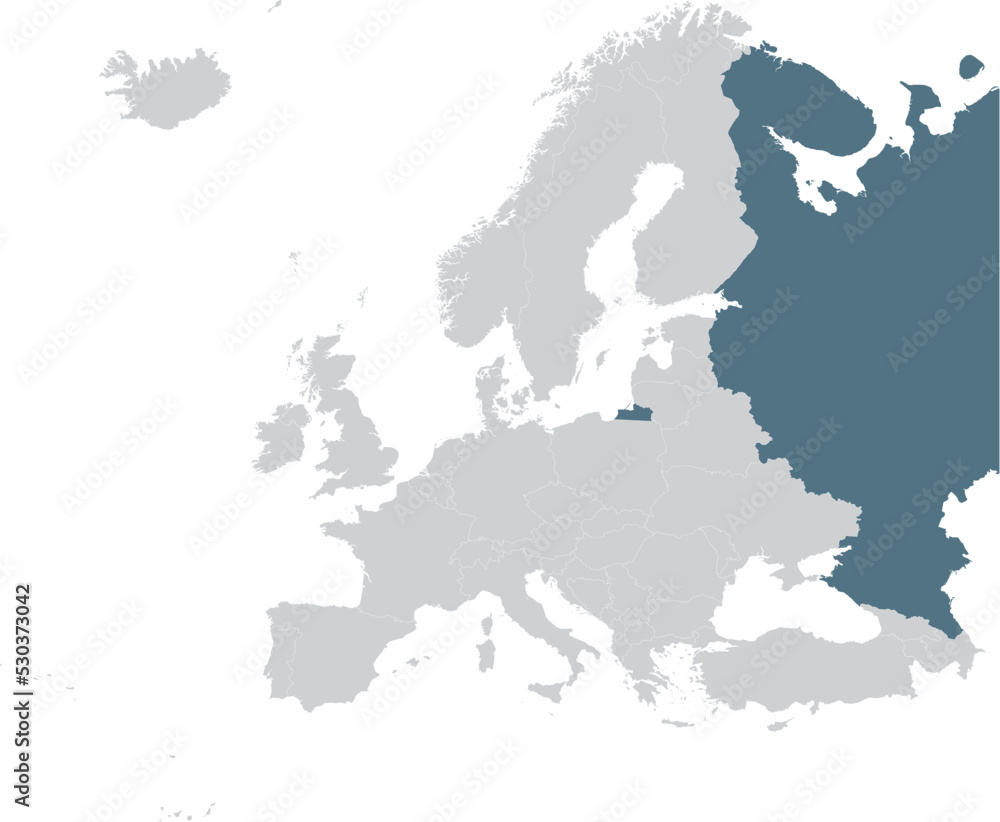 Blue Map of Russia within gray map of European continent