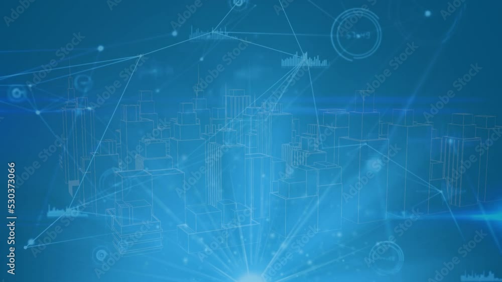 Animation of dots interconnecting with lines and illuminated light over 3d model cityscape Animation of dots interconnecting with lines and illuminated light over 3d model cityscape