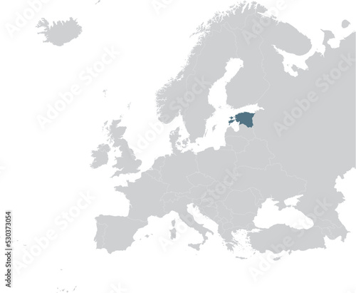 Blue Map of Estonia within gray map of European continent