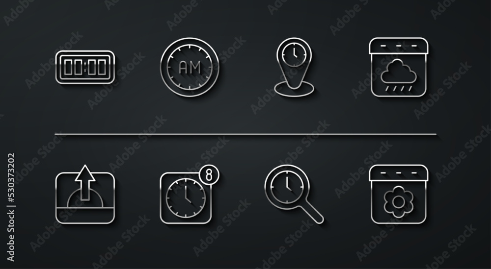 Set line Digital alarm clock, Sunrise, Calendar autumn, Magnifying glass with, Alarm app mobile, Morning time, spring and Time zone clocks icon. Vector Set line Digital alarm clock, Sunrise, Calendar autumn, Magnifying glass with, Alarm app mobile, Morning time, spring and Time zone clocks icon. Vector