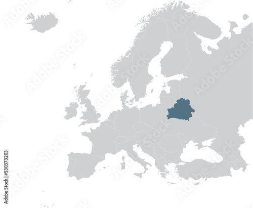 Blue Map of Belarus within gray map of European continent
