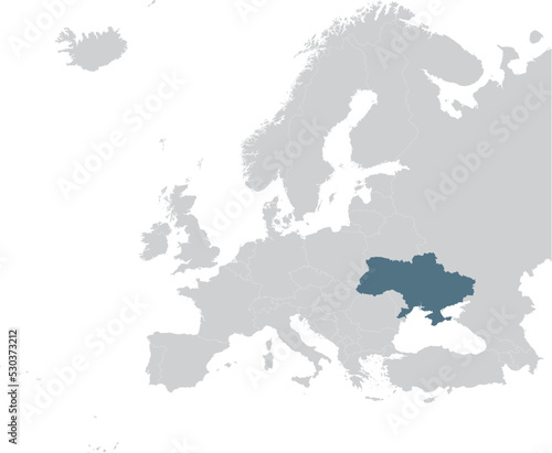 Blue Map of Ukraine within gray map of European continent