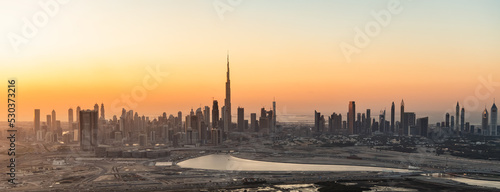 Photography Aerial Panorama sunset Dubai city modern skyscrapers UAE